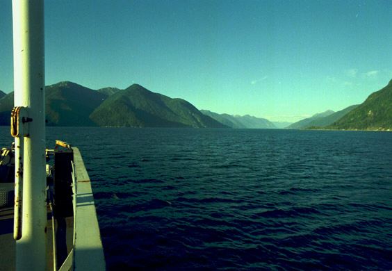 (Canadian fjord from the deck of a long-distance ferry)